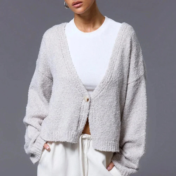 Light Grey Casual Women's One Button Long Sleeve Knit Cardigan - Picture 1 of 5